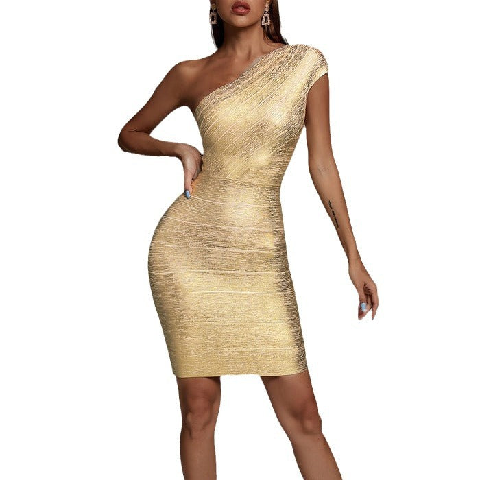 Gilded One Sholder Mini Dress-Gold - vevewholesale