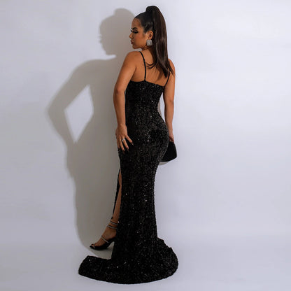 Halter Sleeveless Super Maxi Dress-Black - vevewholesale