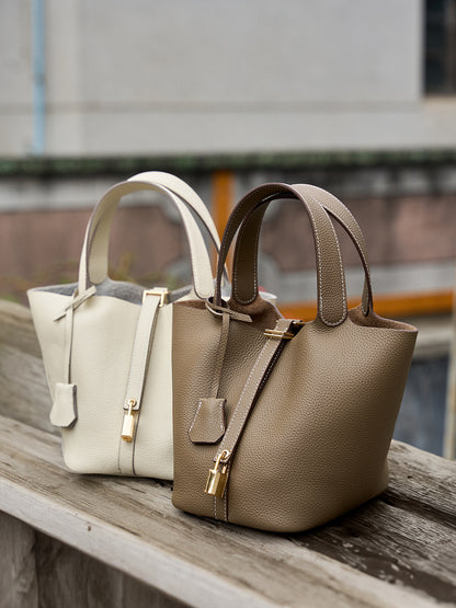 Leather Bucket Handbag-Grey - vevewholesale