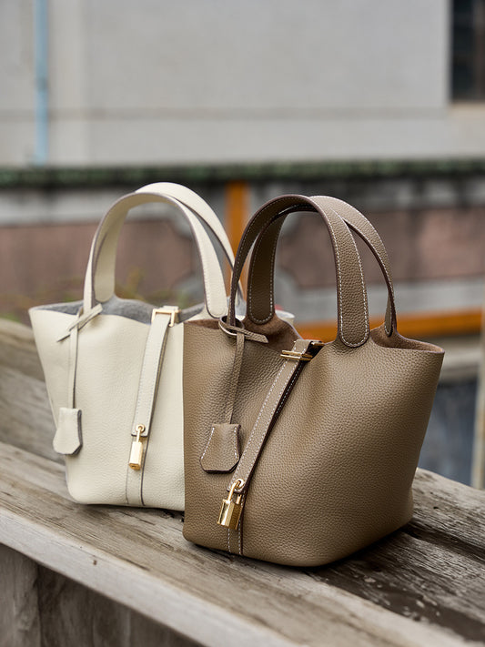 Leather Bucket Handbag-Grey - vevewholesale