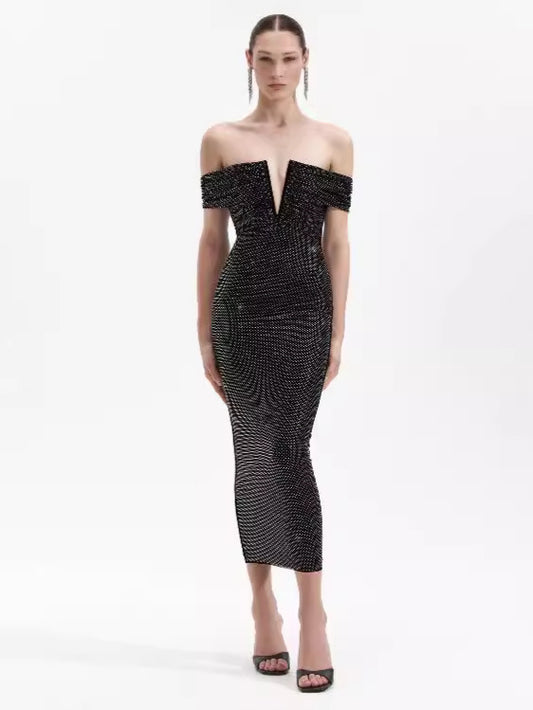 Rhinestone Off The Shoulder Long Dress-Black - vevewholesale
