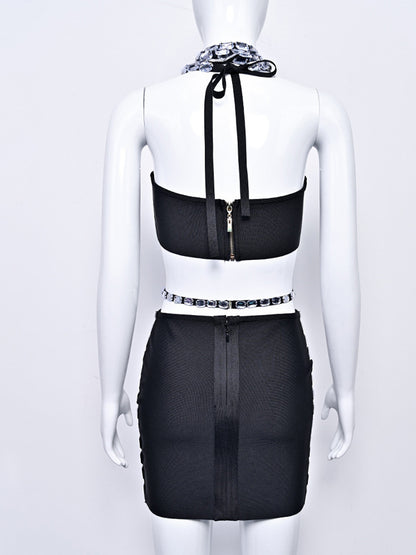 Diamond-Encrusted Halter Neck Two-Piece Set - vevewholesale