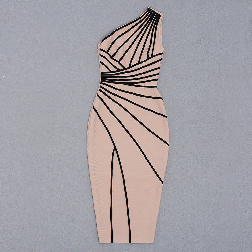 One Shoulder Striped Midi Dress - vevewholesale