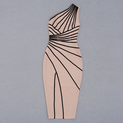 One Shoulder Striped Midi Dress - vevewholesale