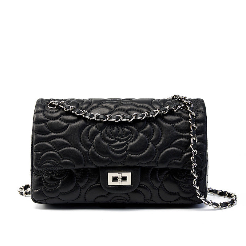 Camellia Flower Goatskin One Shoulder Bag-Black - vevewholesale