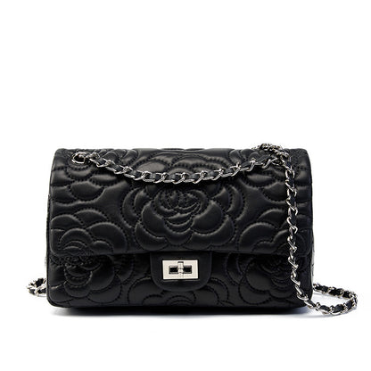 Camellia Flower Goatskin One Shoulder Bag-Black - vevewholesale