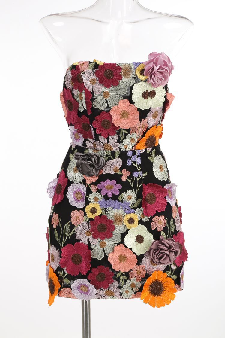 Strapless Fower Mini Dress-Colour Black - vevewholesale