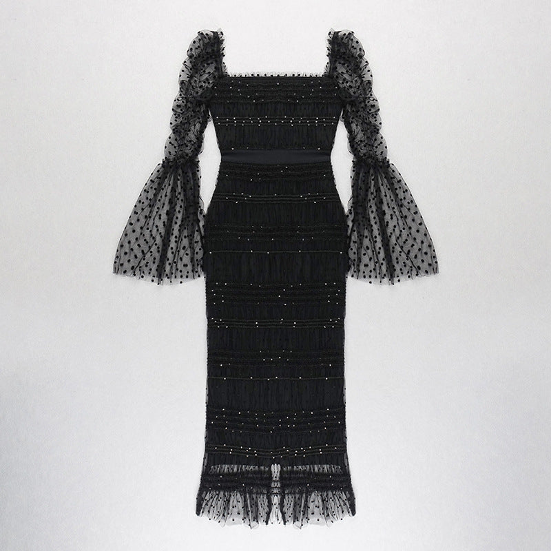 Puffy Long Sleeved Lace Long Dress - vevewholesale