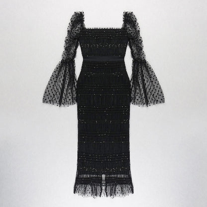 Puffy Long Sleeved Lace Long Dress - vevewholesale