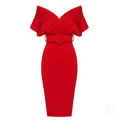 Space Cotton One Shoulder Midi Dress-Red - vevewholesale