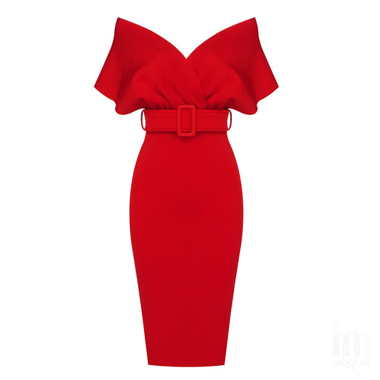 Space Cotton One Shoulder Midi Dress-Red - vevewholesale