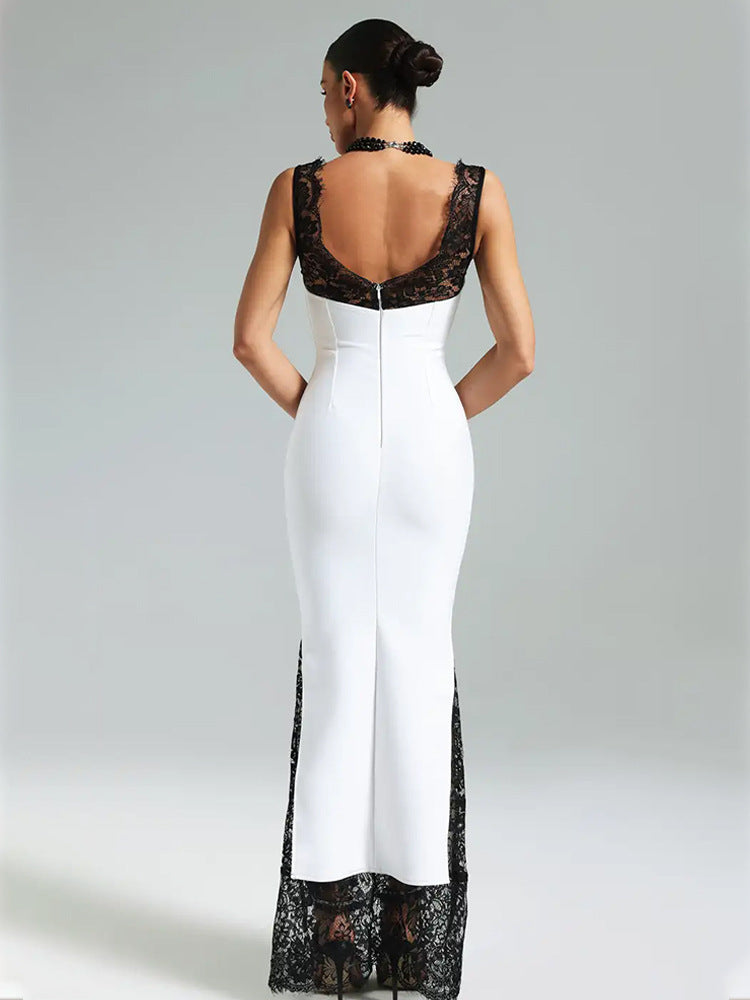 V Neck Lace Maxi Dress-White - vevewholesale
