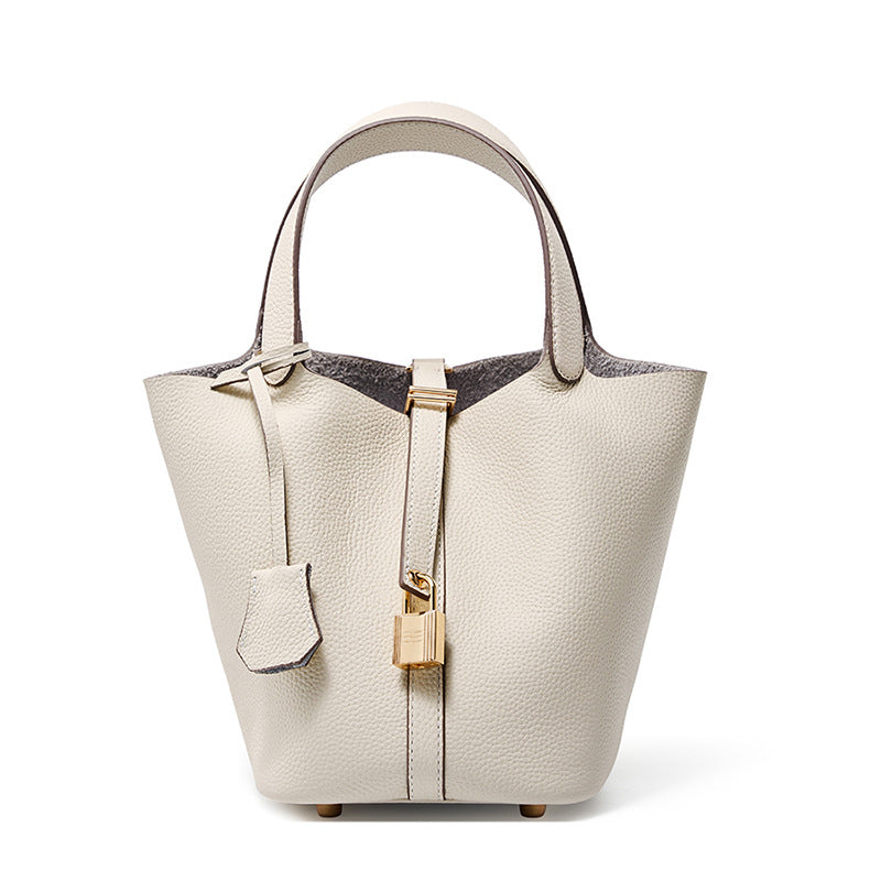 Leather Bucket Handbag-Off White - vevewholesale