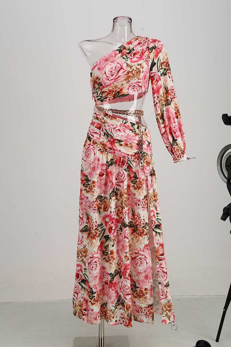 One-shoulder high-cross printed dress-Pink - vevewholesale