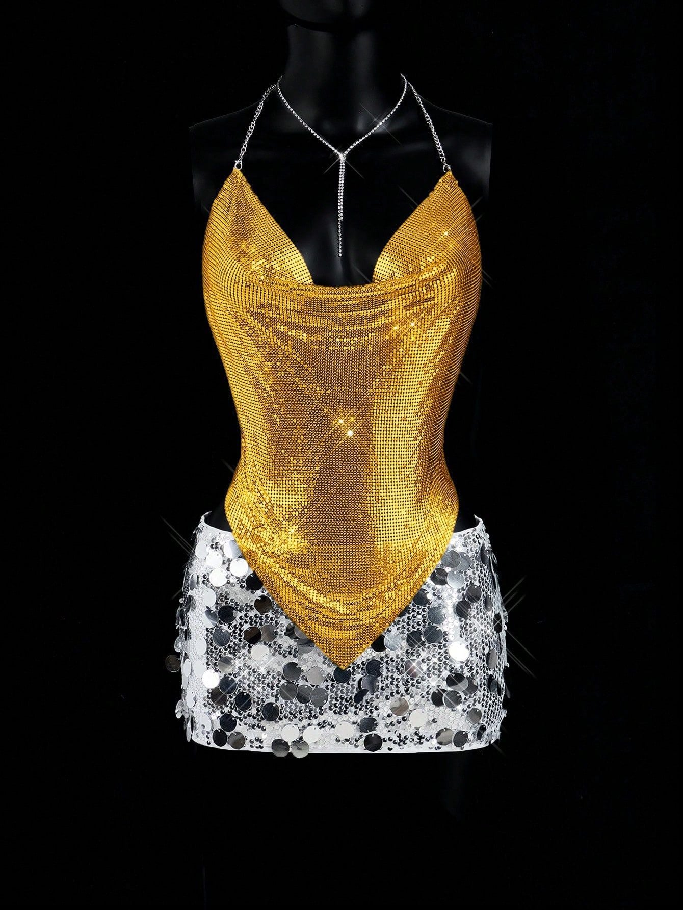 Metal Sequin Deep V Top-Gold - vevewholesale
