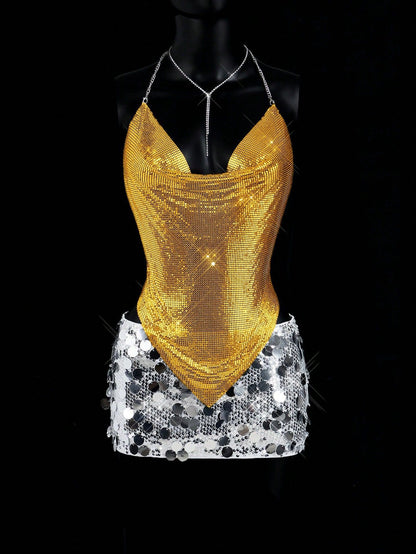 Metal Sequin Deep V Top-Gold - vevewholesale