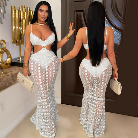 Halter V Neck Lace Maxi Dress-White