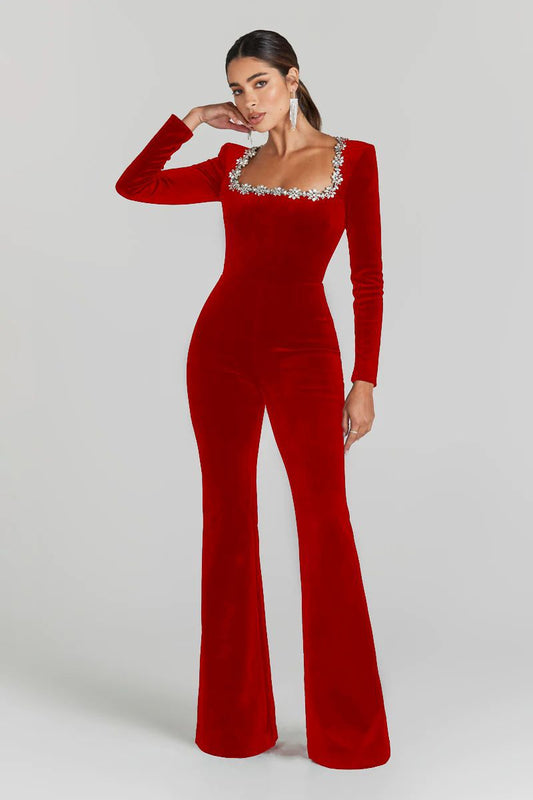 Square-neck long-sleeved horn - red
