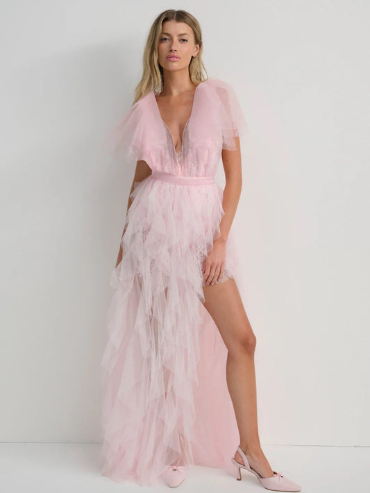 V Neck Mesh High Cut Out Maxi Dress - vevewholesale