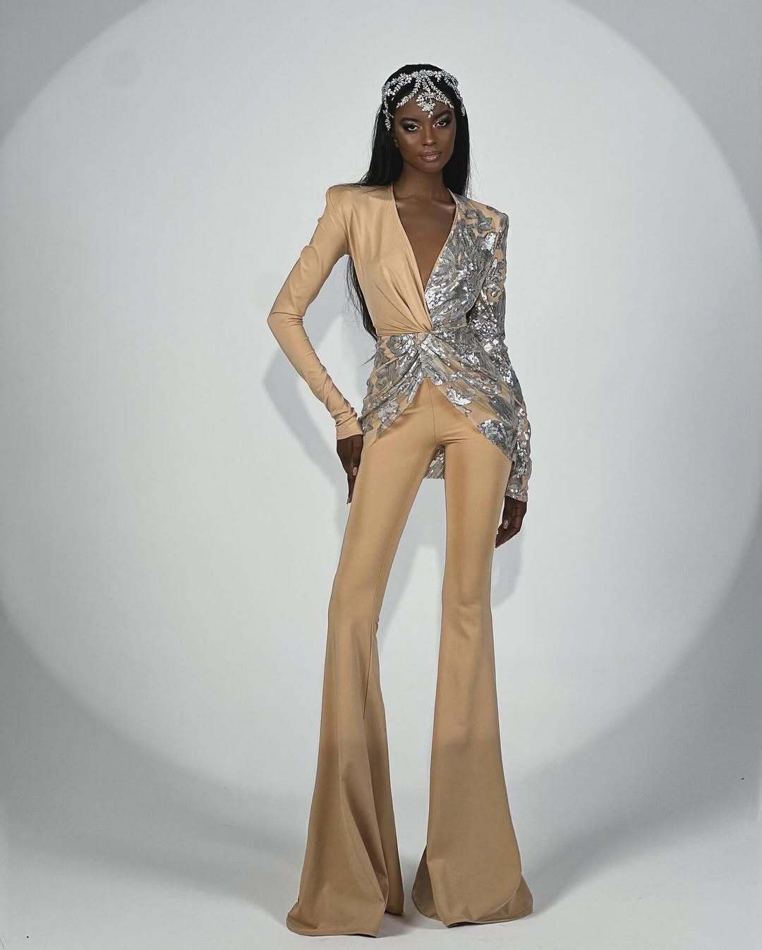 Deep V Shaped Sequined Long Sleeved Jumpsuit - vevewholesale