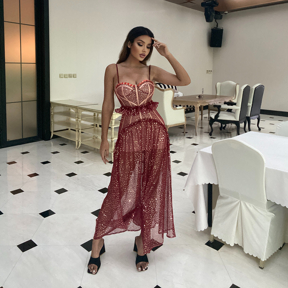 Beaded Halter Midi Dress - vevewholesale