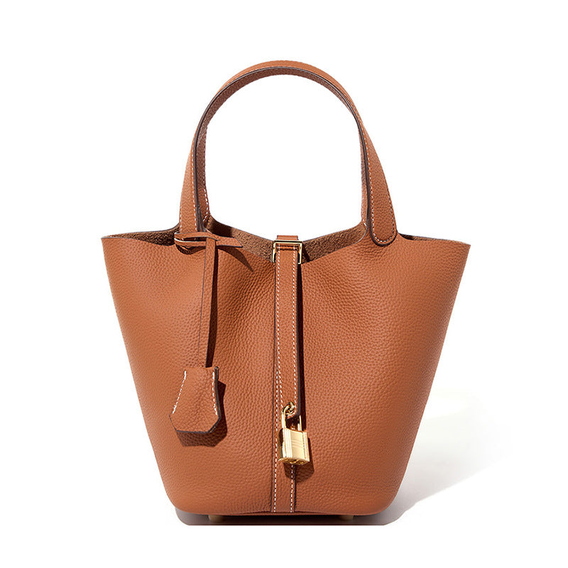 Leather Bucket Handbag-Brown - vevewholesale