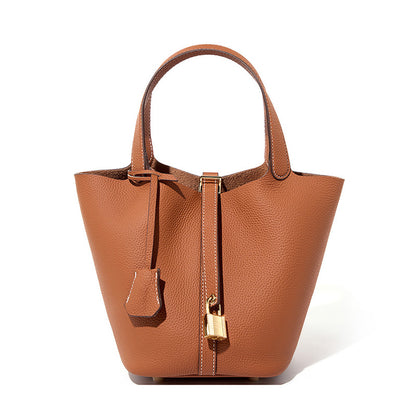 Leather Bucket Handbag-Brown - vevewholesale