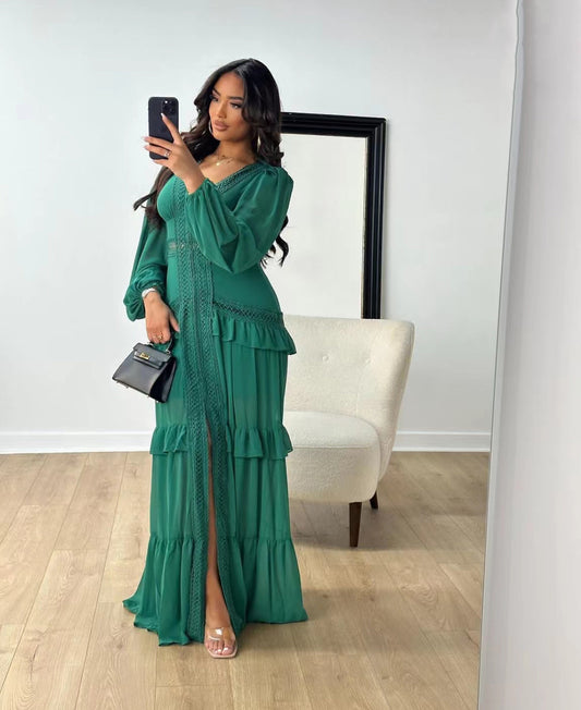 Long Sleeved V Neck Maxi Dress-Green - vevewholesale