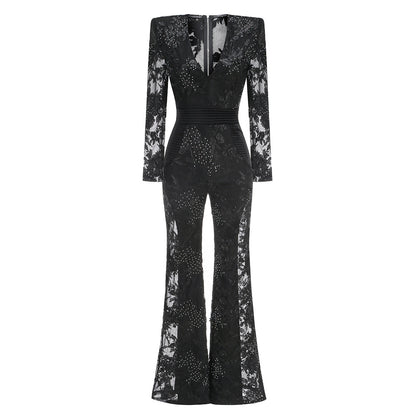 V Neck Lace Patchwork Jumpsuit - vevewholesale