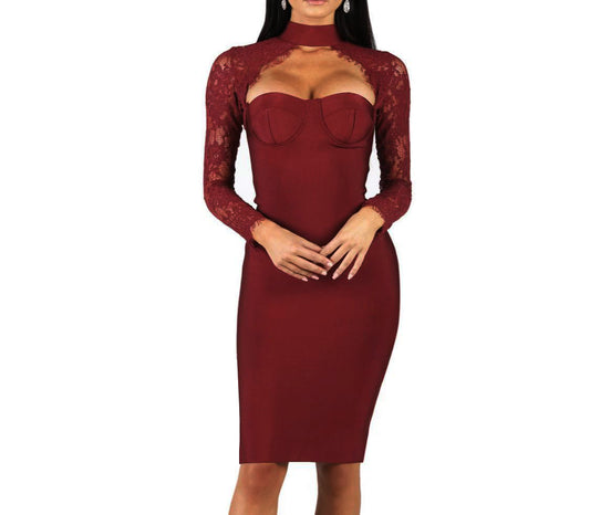 Halter Neck Long Sleeves Midi Dress-Wine Red - vevewholesale
