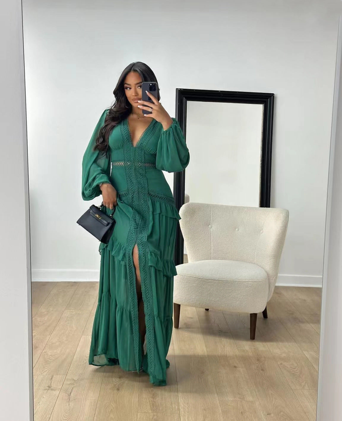 Long Sleeved V Neck Maxi Dress-Green - vevewholesale