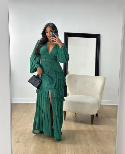 Long Sleeved V Neck Maxi Dress-Green - vevewholesale