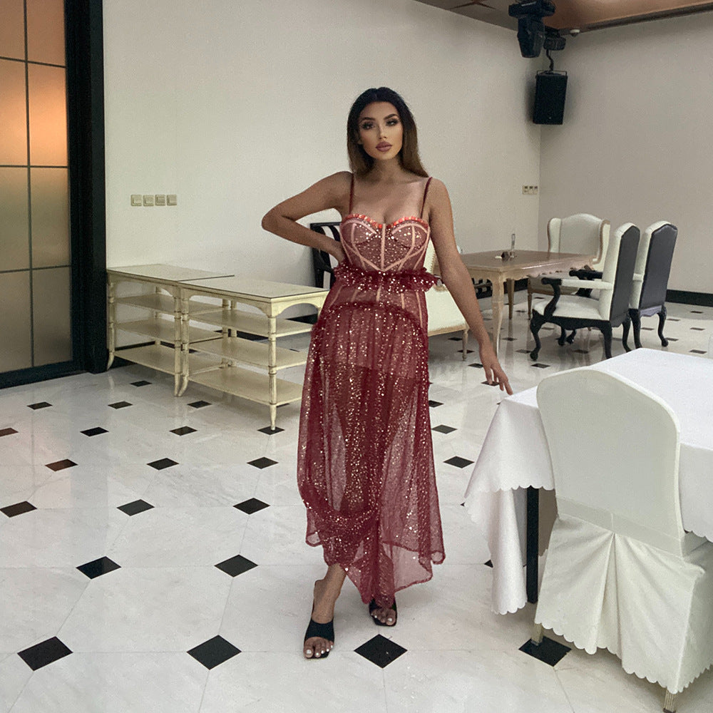 Beaded Halter Midi Dress - vevewholesale