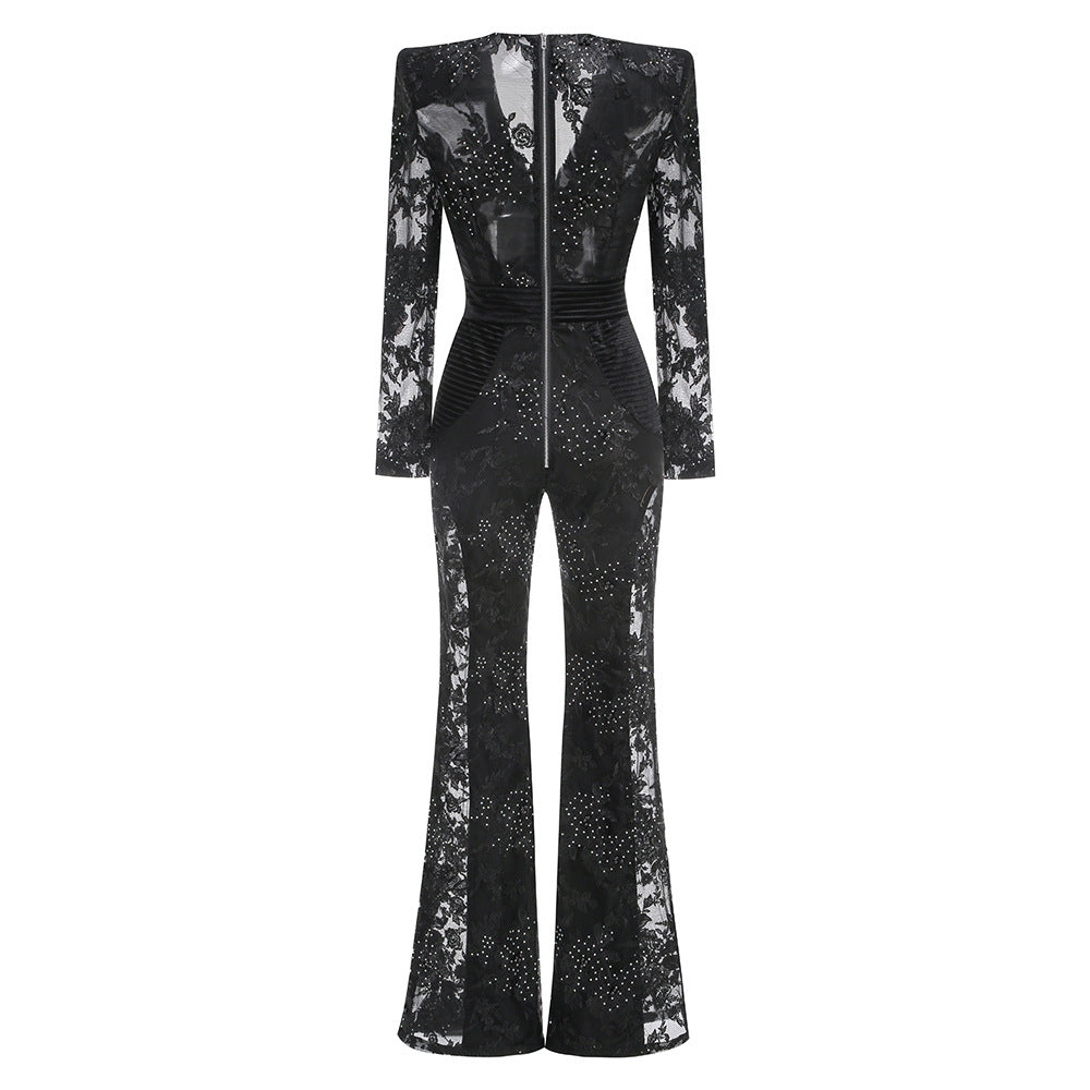 V Neck Lace Patchwork Jumpsuit - vevewholesale