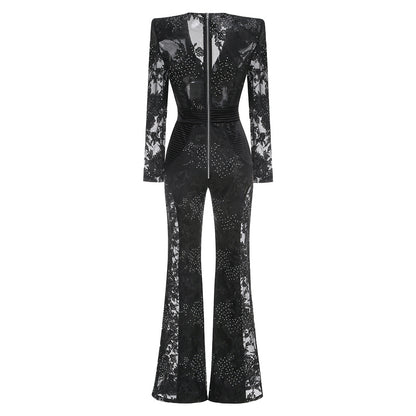 V Neck Lace Patchwork Jumpsuit - vevewholesale