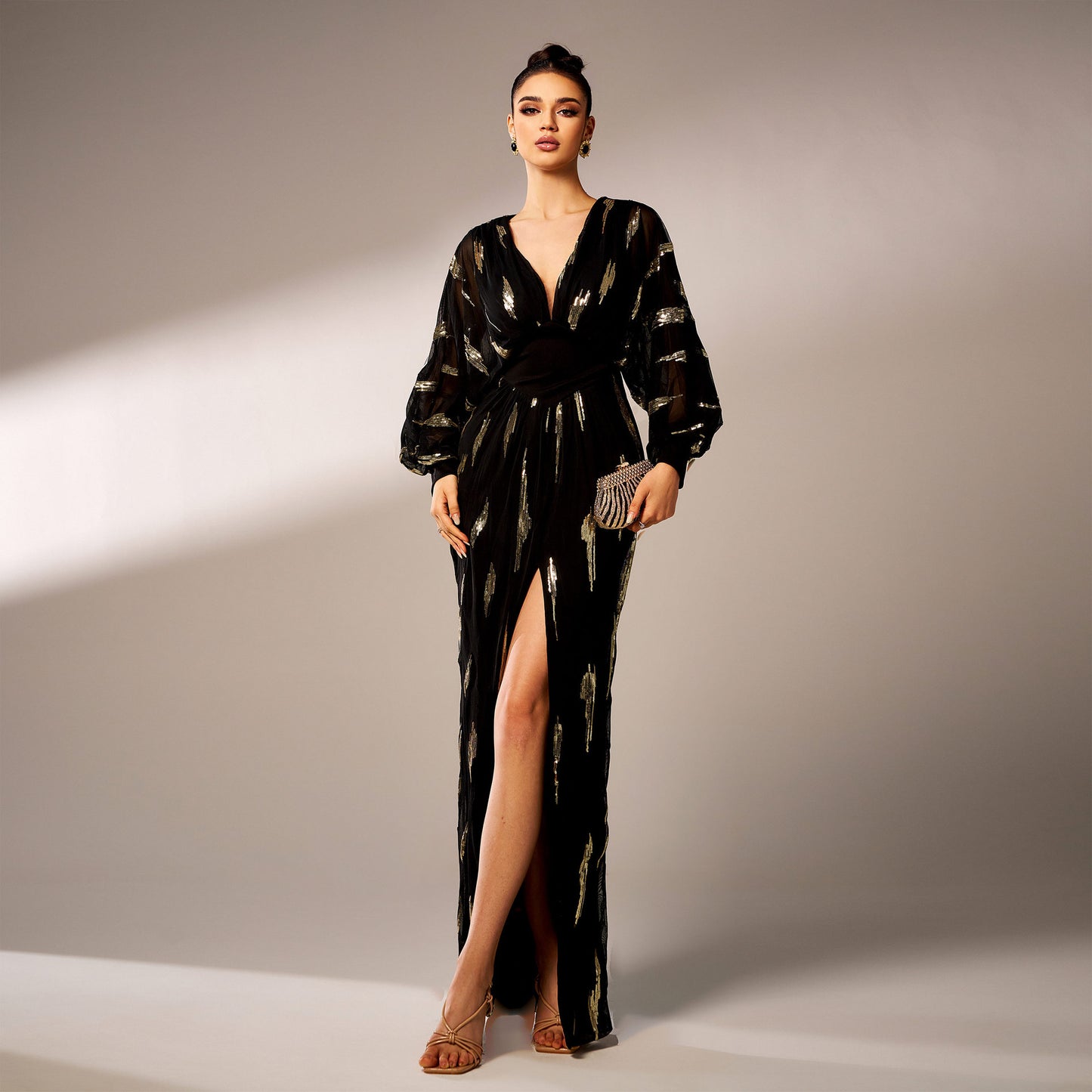 Long Sleeved V-neck Sequined Maxi Dress