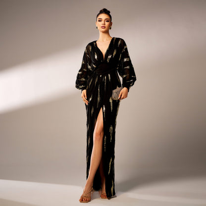Long Sleeved V-neck Sequined Maxi Dress