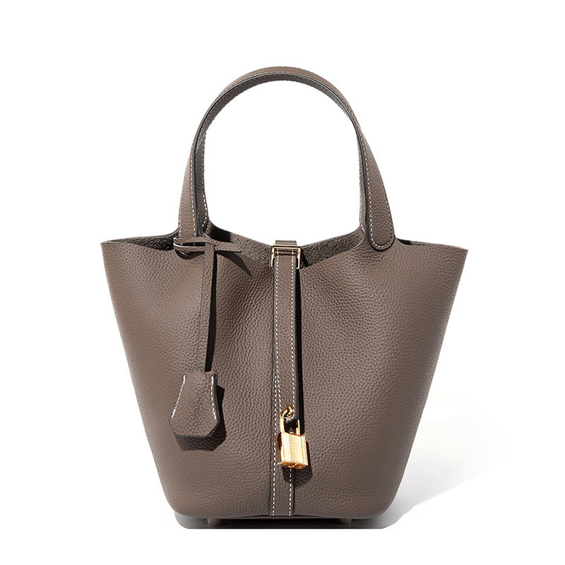 Leather Bucket Handbag-Grey - vevewholesale