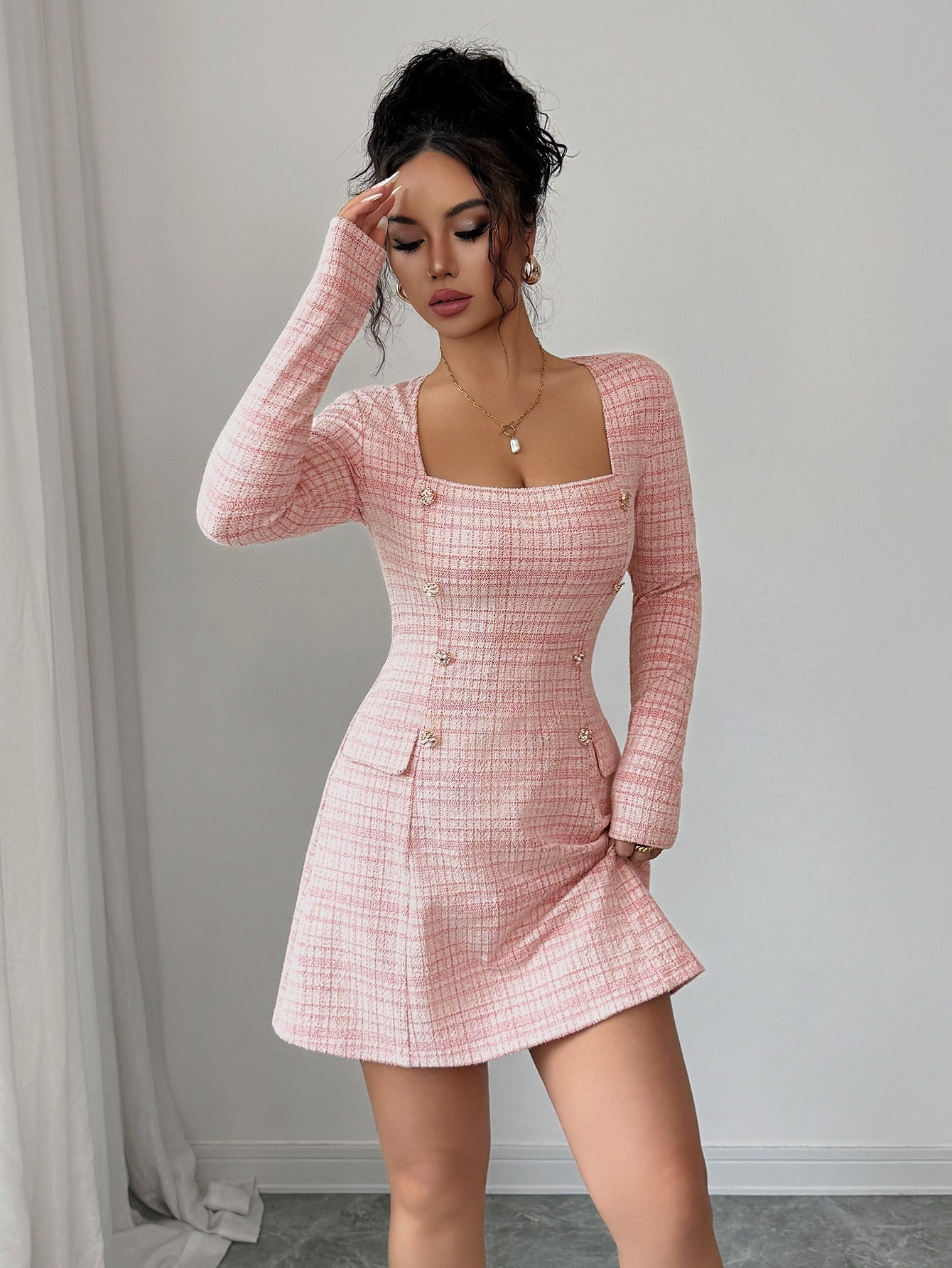 Autumn And Winter Plaid Long-Sleeved Mini Dress