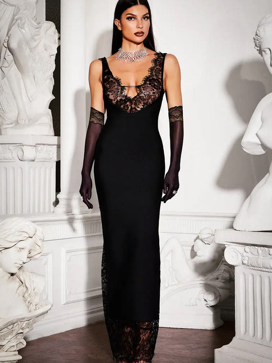 V Neck Lace Maxi Dress-Black - vevewholesale