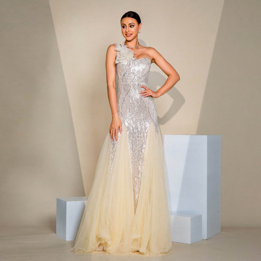 One Shoulder Sequined Slit Maxi Dress - vevewholesale