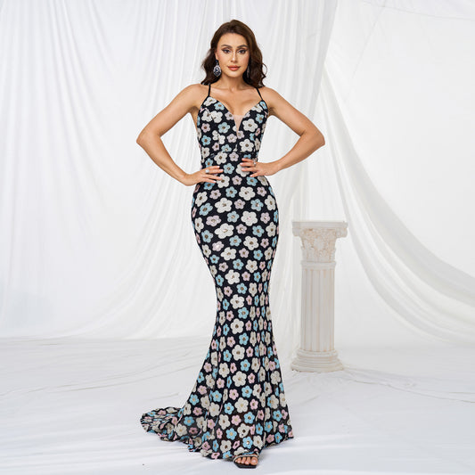 Halter Sequined Flower Fishtail Dress - vevewholesale