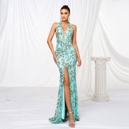 Strapless Slit Sequined Maxi Dress-Green - vevewholesale
