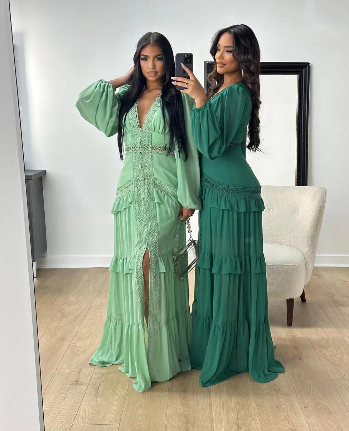 Long Sleeved V Neck Maxi Dress-Green - vevewholesale