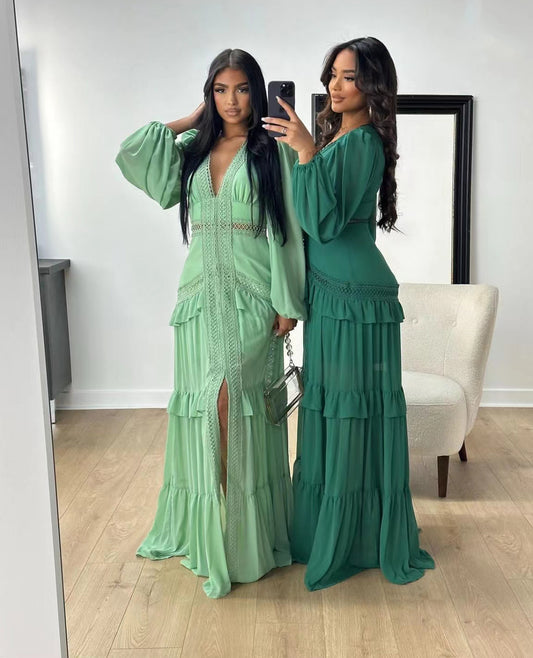 Long Sleeved V Neck Maxi Dress-Green - vevewholesale