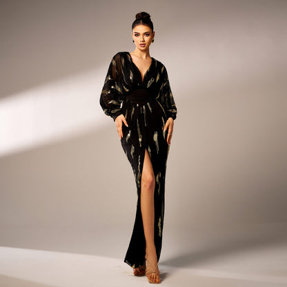 Long Sleeved V-neck Sequined Maxi Dress