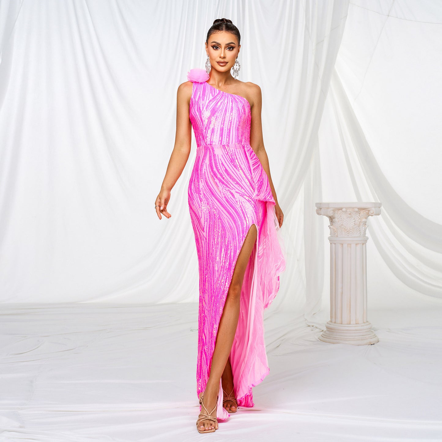 One Shoulder Sequined Maxi Dress