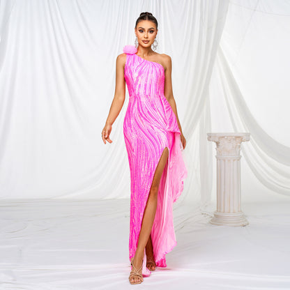 One Shoulder Sequined Maxi Dress