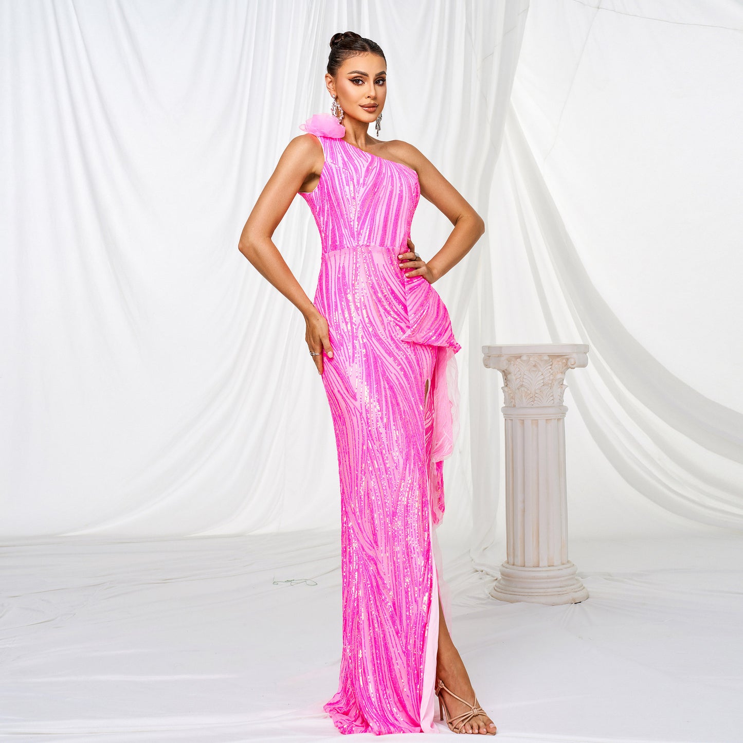One Shoulder Sequined Maxi Dress