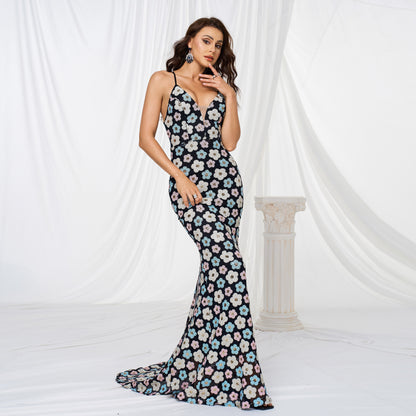 Halter Sequined Flower Fishtail Dress - vevewholesale